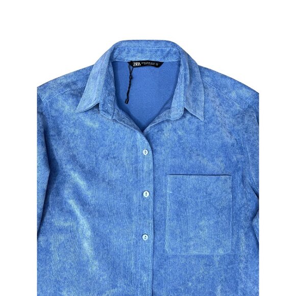 Zara Fine-Waled Corduroy Oversized Blue Button-Up Shirt With Pocket Size XS - Picture 8 of 16